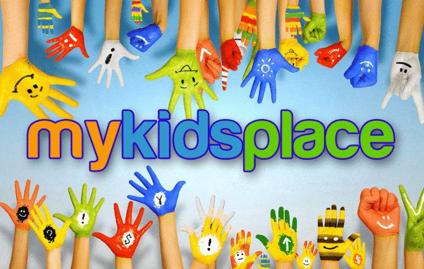 Brightly painted children's hands reaching toward MyKidsPlace logo-Pediatric Therapy My Kids Place