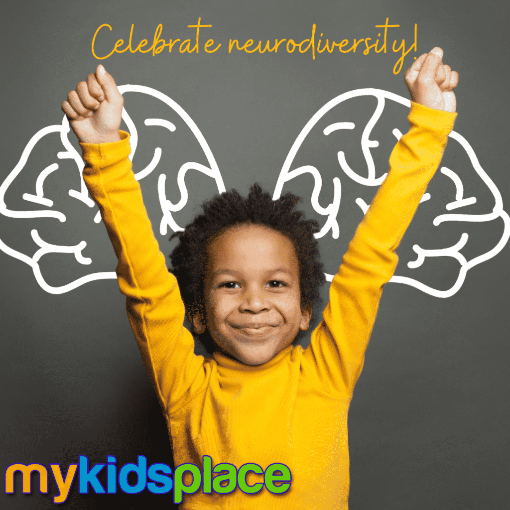 Smiling child raises hands overhead with a cartoon image of a brain behind them. The words "Celebrate neurodiversity!" hover above their hands.