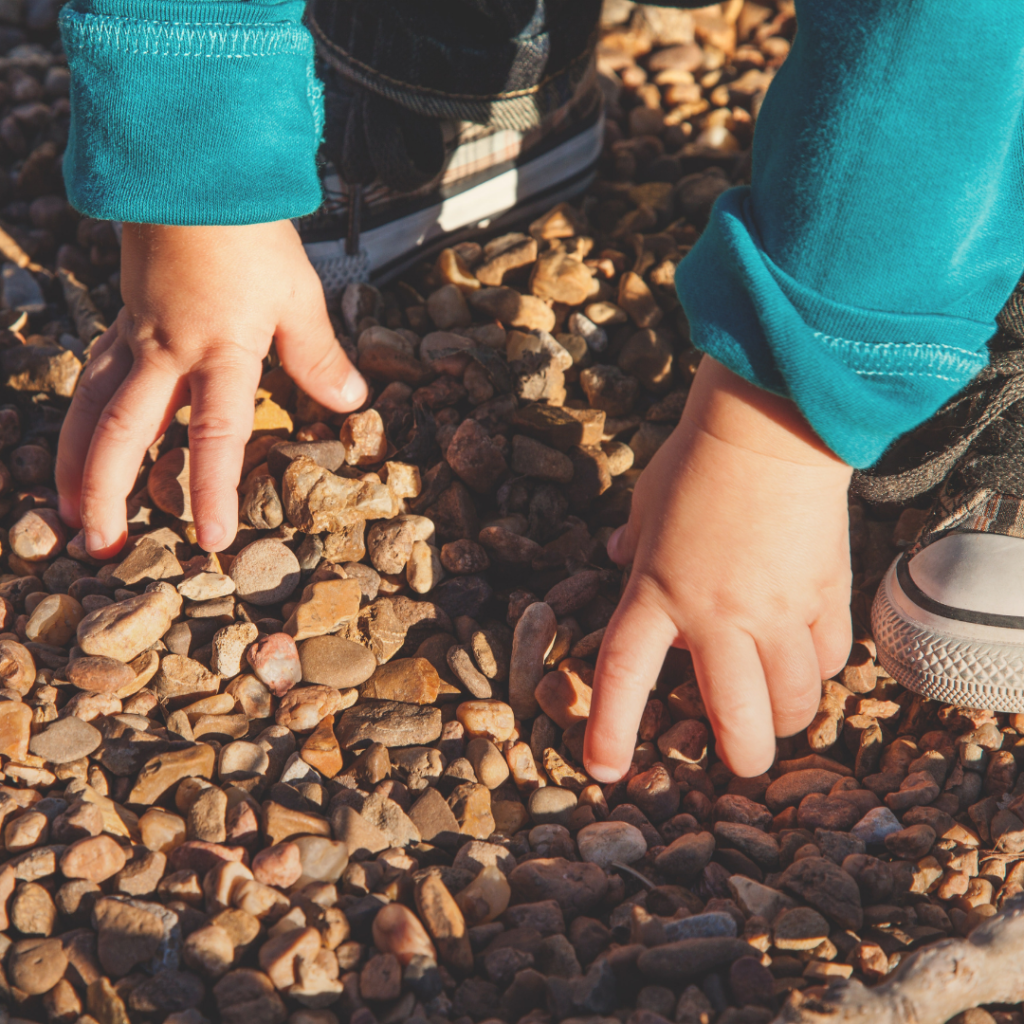 A child's hands are seen reaching for smooth, river pebbles to illustrate the tactile sense.