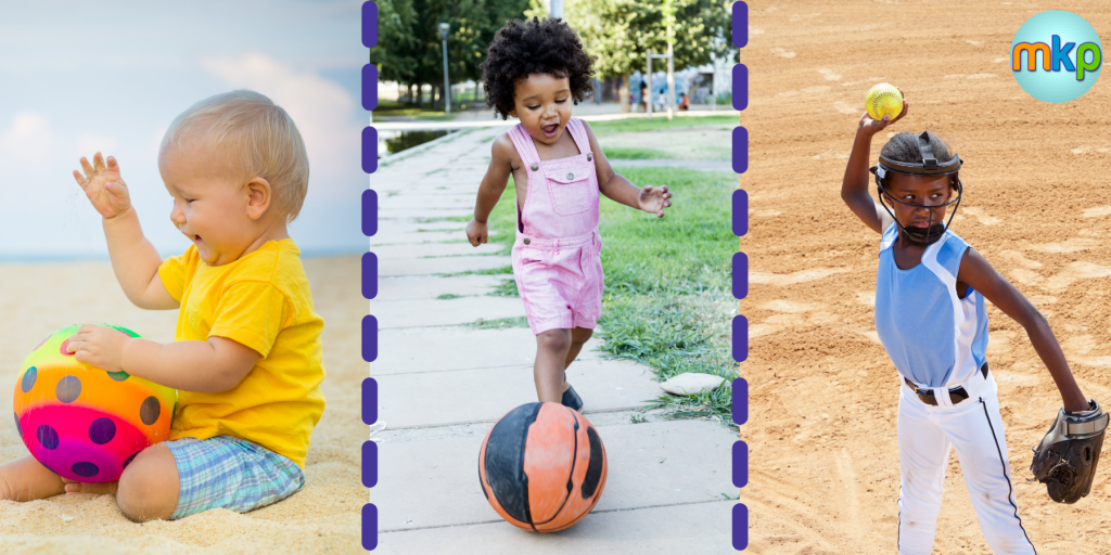 A collage of 3 images: a baby sits on a beach and catches a ball (left), a toddler kicks a ball on a sidewalk (middle), a child throws a softball from the infield (right).