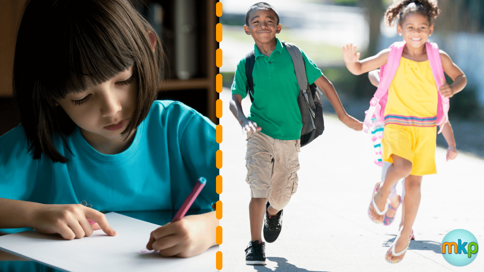 Two photos side by side: A child holds a paper still while writing on it with their left hand (Left), 2 children wearing backpacks skip together (Right).