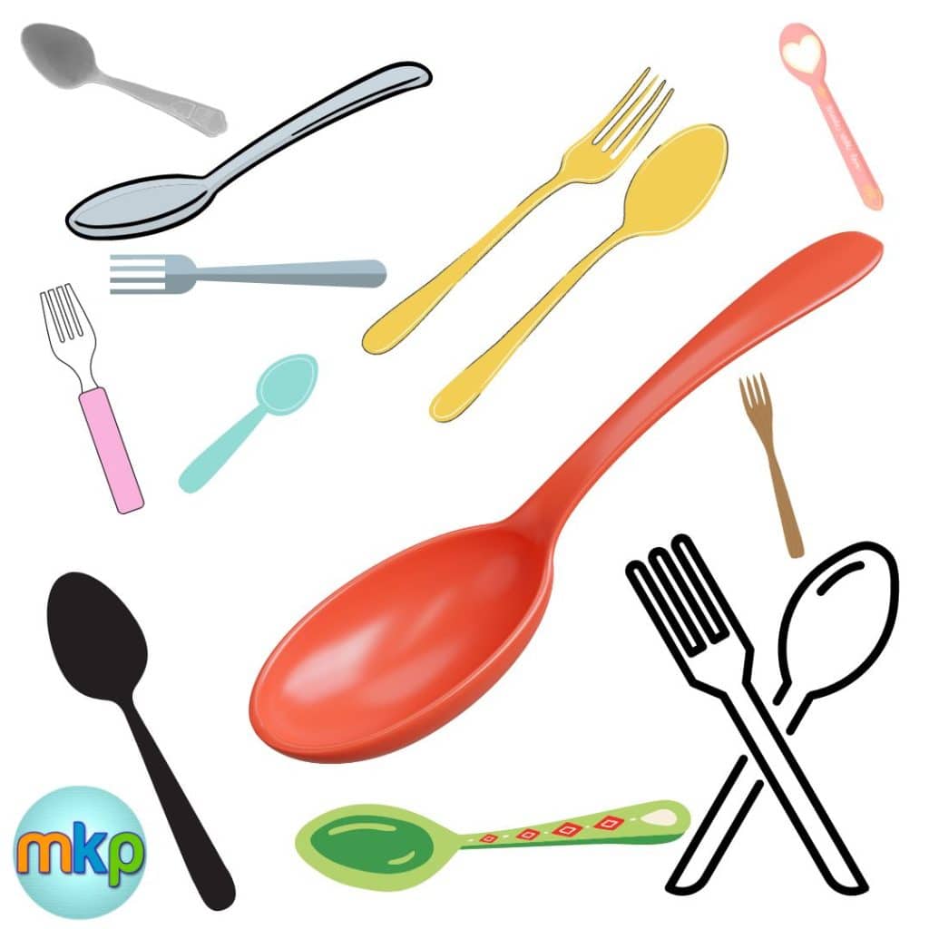 Pictures of 9 spoons of different sizes, colors, and orientations are arranged on a white background with a few forks also scattered throughout.